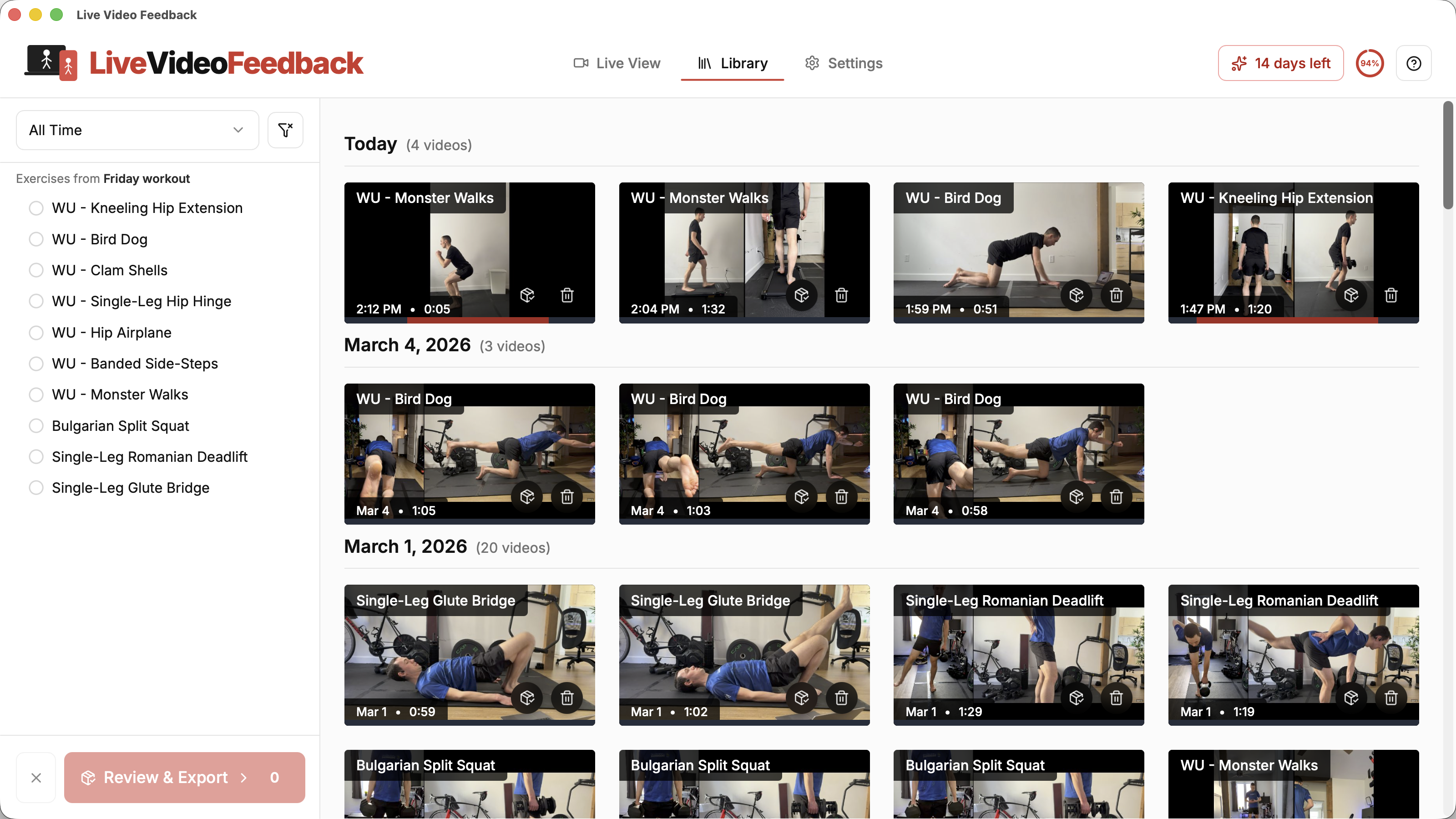 Library view with locally stored exercise videos